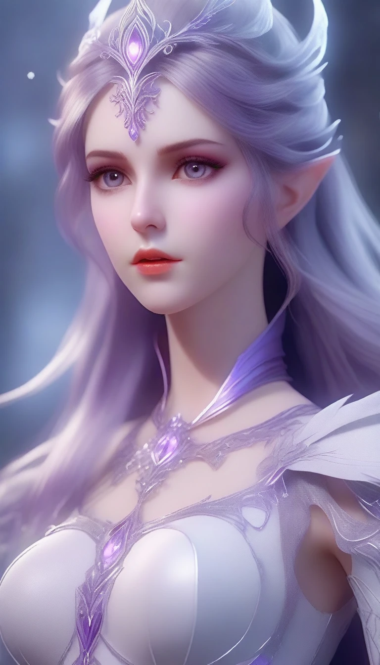 Eine Nahaufnahme einer Frau in einem weißen Kleid mit einem lila Kleid, schöne und elegante Elfenkönigin, verführerische Elfe Prinzessin Ritter, 4k Detail Fantasie, 2. 5 d CGI Anime Fantasy Kunstwerk, hyperdetaillierter Fantasy-Charakter, eine schöne Zauberin, in ätherische Rüstung gekleidet, Fantasie-Robe, Astrale Hexenkleidung, Fantasie-Outfit, schöne alte Frosthexe