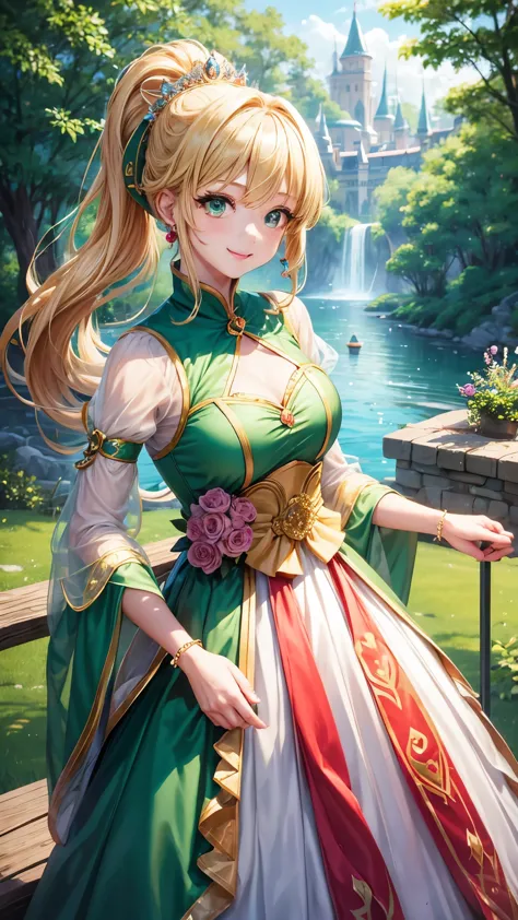 she is cosplaying as a princess、blonde short、smile、green eyes、Colorful and fancy dresses、ponytail