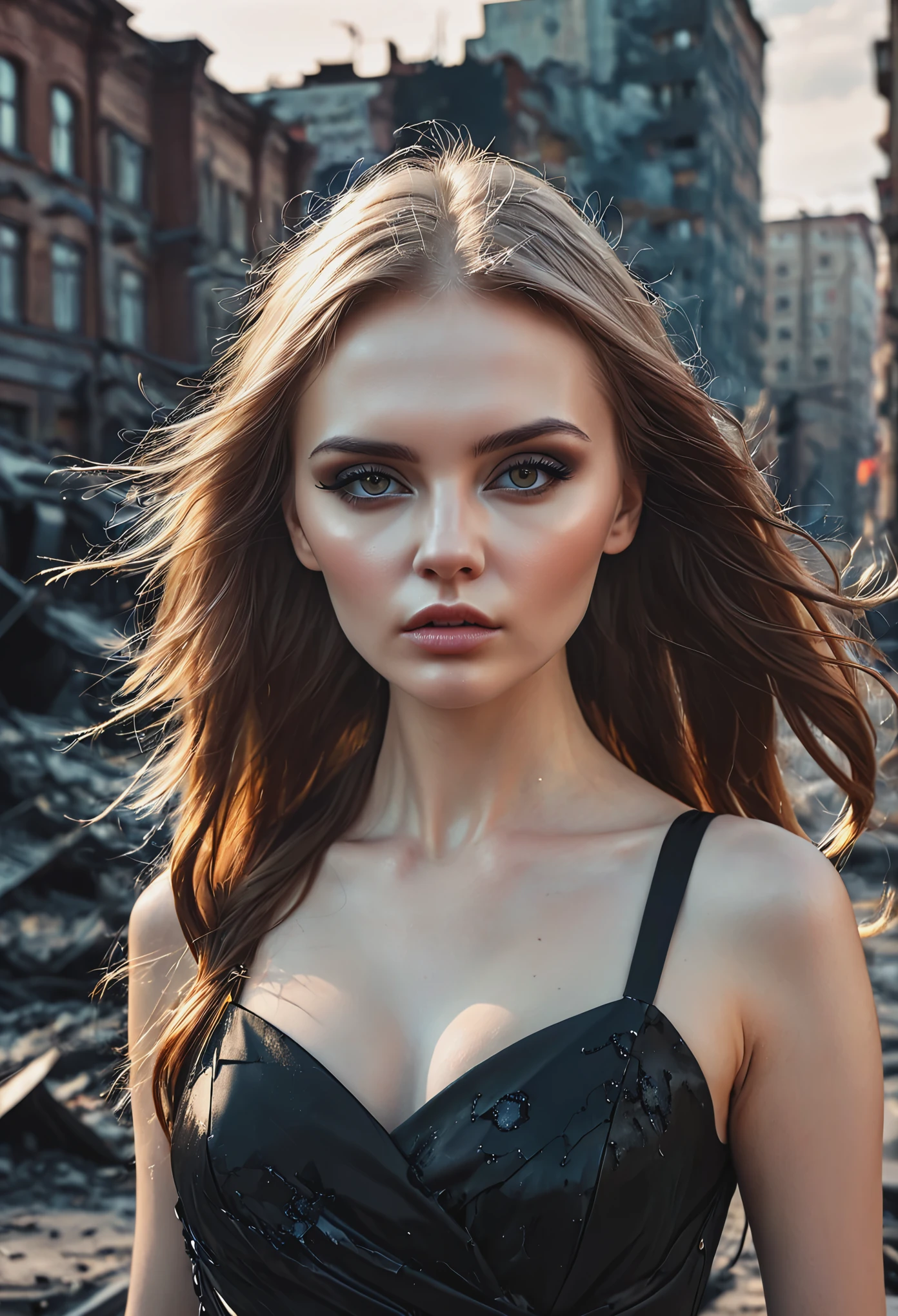 close-up of a woman in a black dress, post apocalypse, Catherine, Anastasia Ovchinnikova, moleksandra shchaslyva, Emma Andievskaya, Dasha Taran, Anna Nikonova, aka newmilky, in the style of Kirill Kotashev, in the city