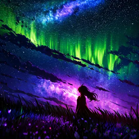 Describe a scene where a cute girl character is lying on a grassy hill, Look up at the starry sky. Surround her with colorful ne...
