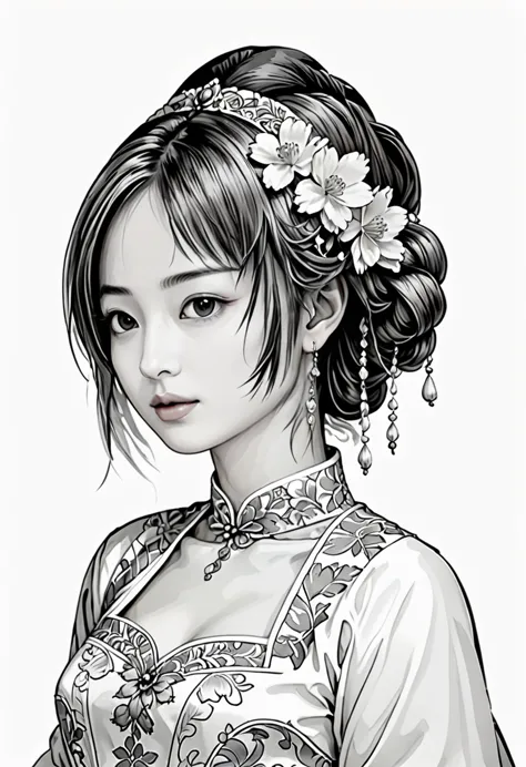 masterpiece, line art of a female character, baroque patterns, sexy, style by double exposure, no shading, for coloring page, wh...