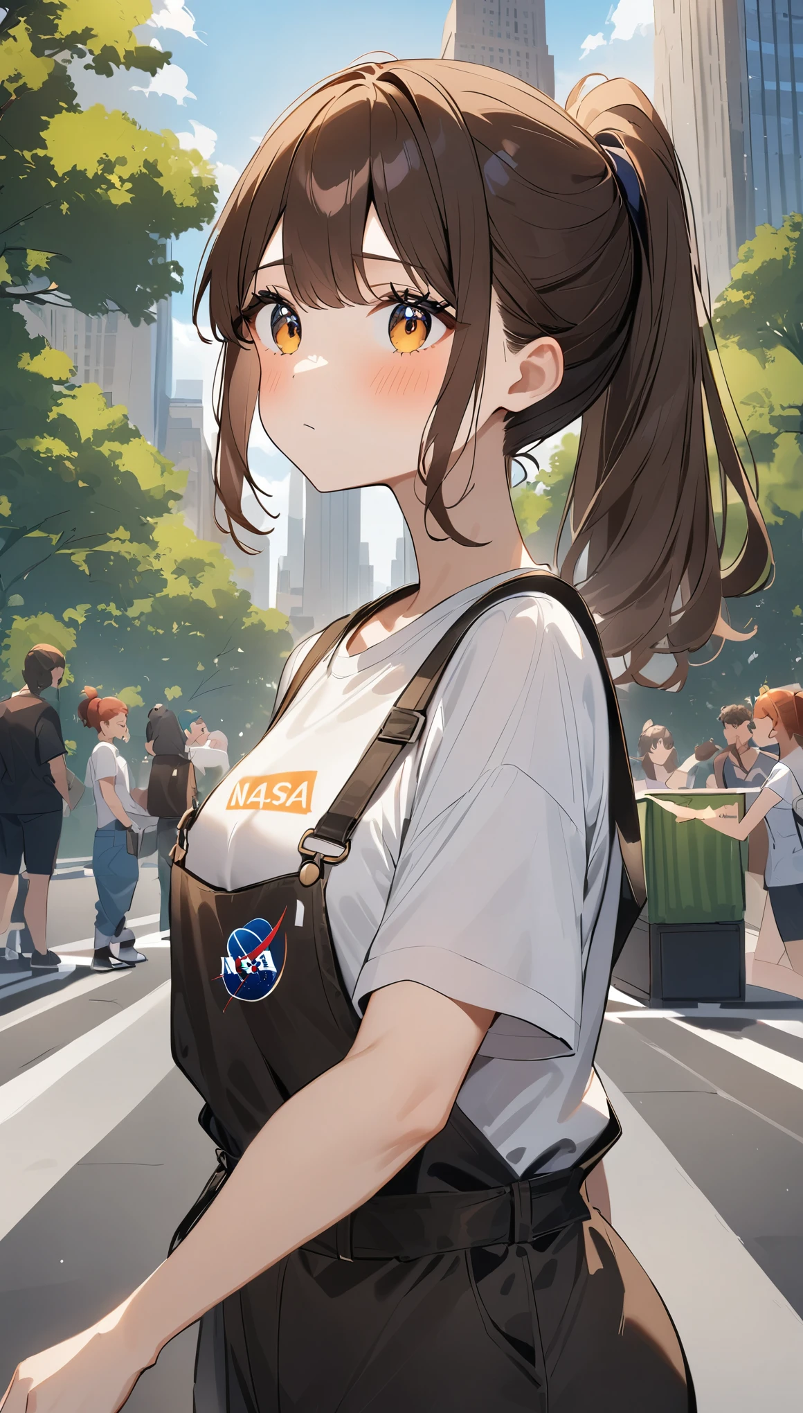 T-shirt with NASA printed on it、white baggy t-shirt、loose clothing、Baggy overalls、dark brown overalls、pretty girl、Sorry expression、ponytail、brown hair、outdoor、new york、downtown、central park、