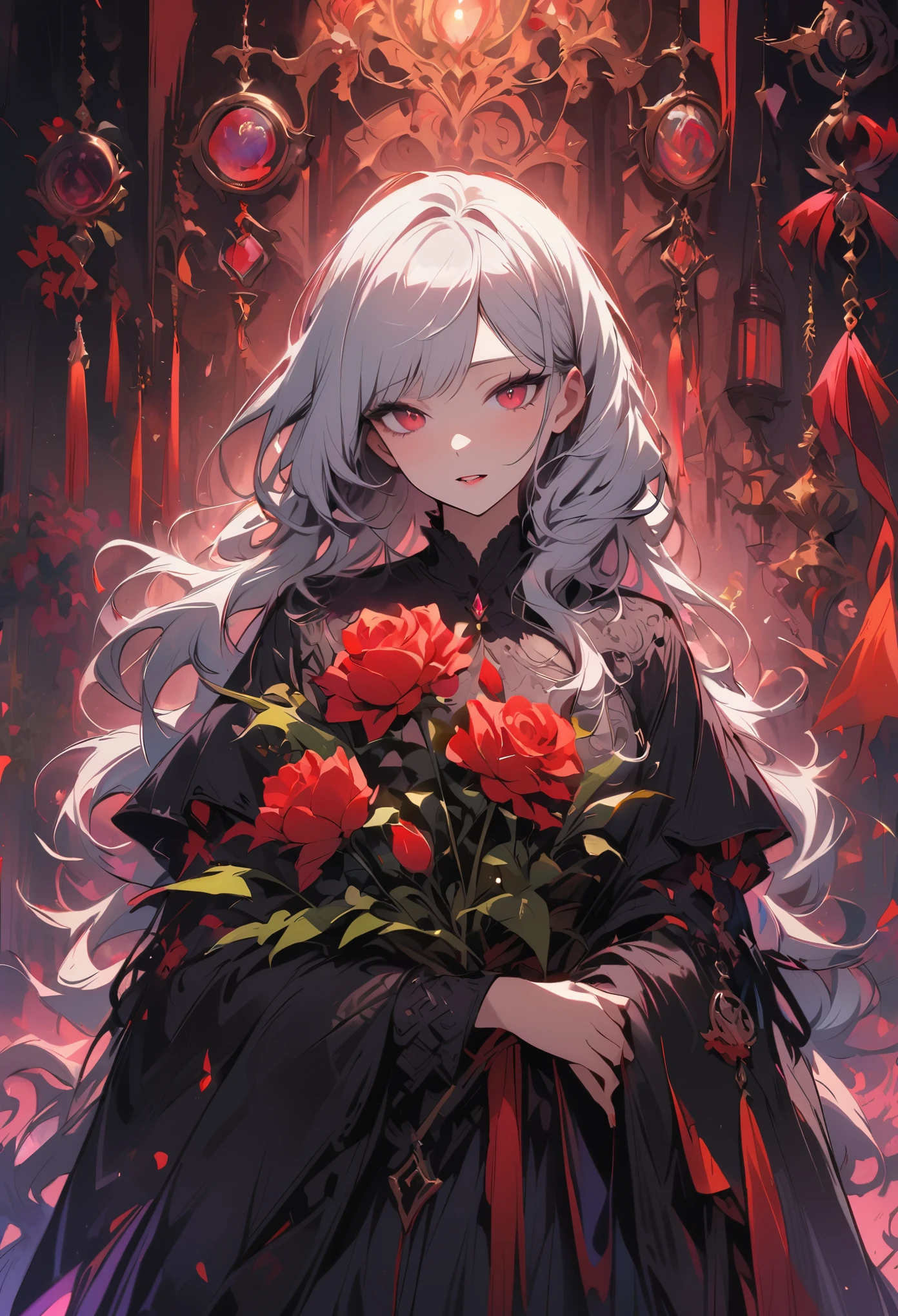 (best quality, masterpiece), (1 girl, alone, black skirt, permanent , looking at the audience, white hair, Red eyes, holding a rose, Keep your mouth shut, Upper body), (Red dream catcher in the back, safflower, )