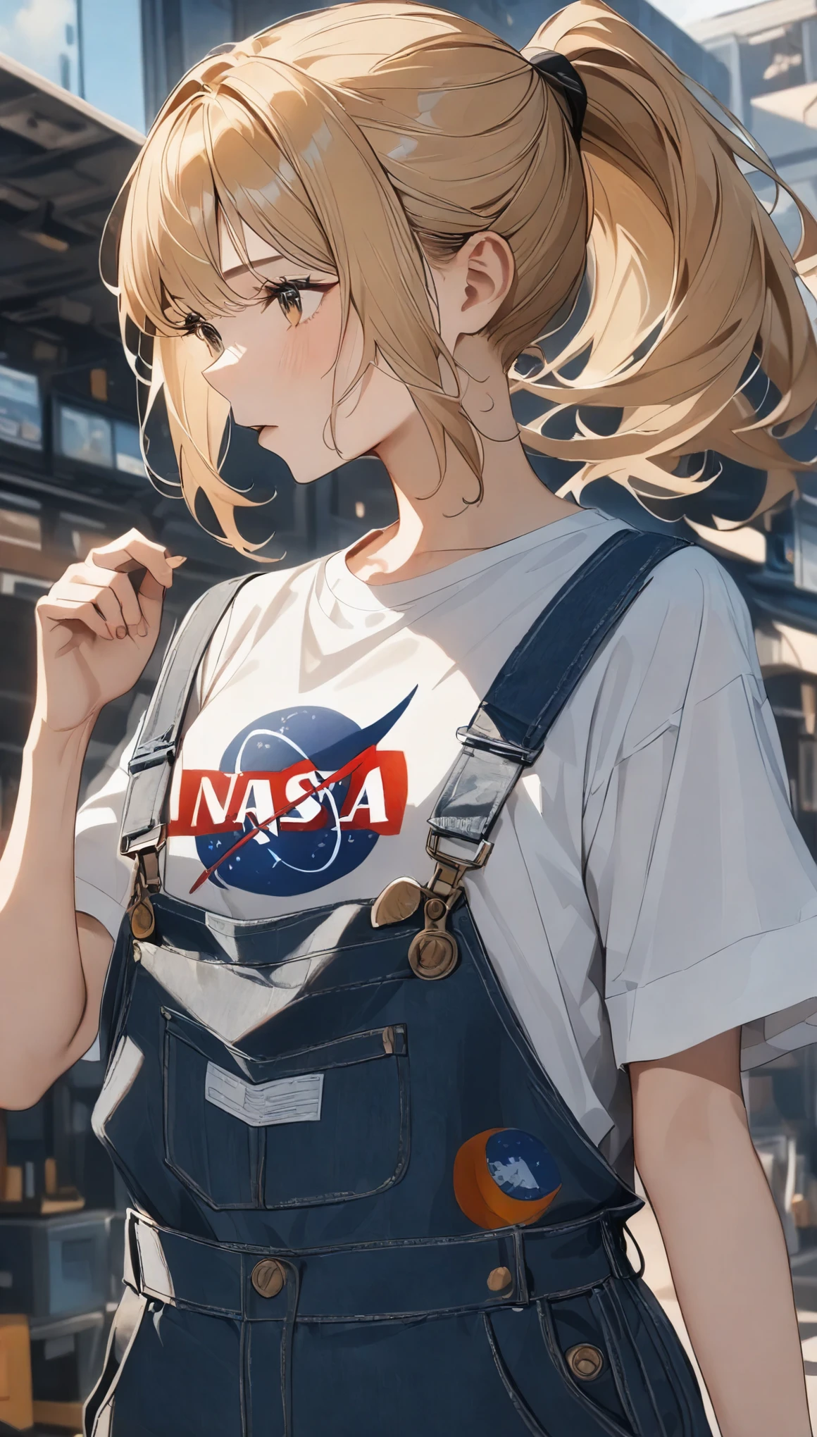 geometric pattern background:1.3、dark color、pretty girl、Blonde in a ponytail、hair blowing in the wind、look away、white baggyＴshirt、NASAの文字がプリントされたshirt、NASA loose clothing、overalls、retro、highest quality、super detailed、high quality details、outdoor