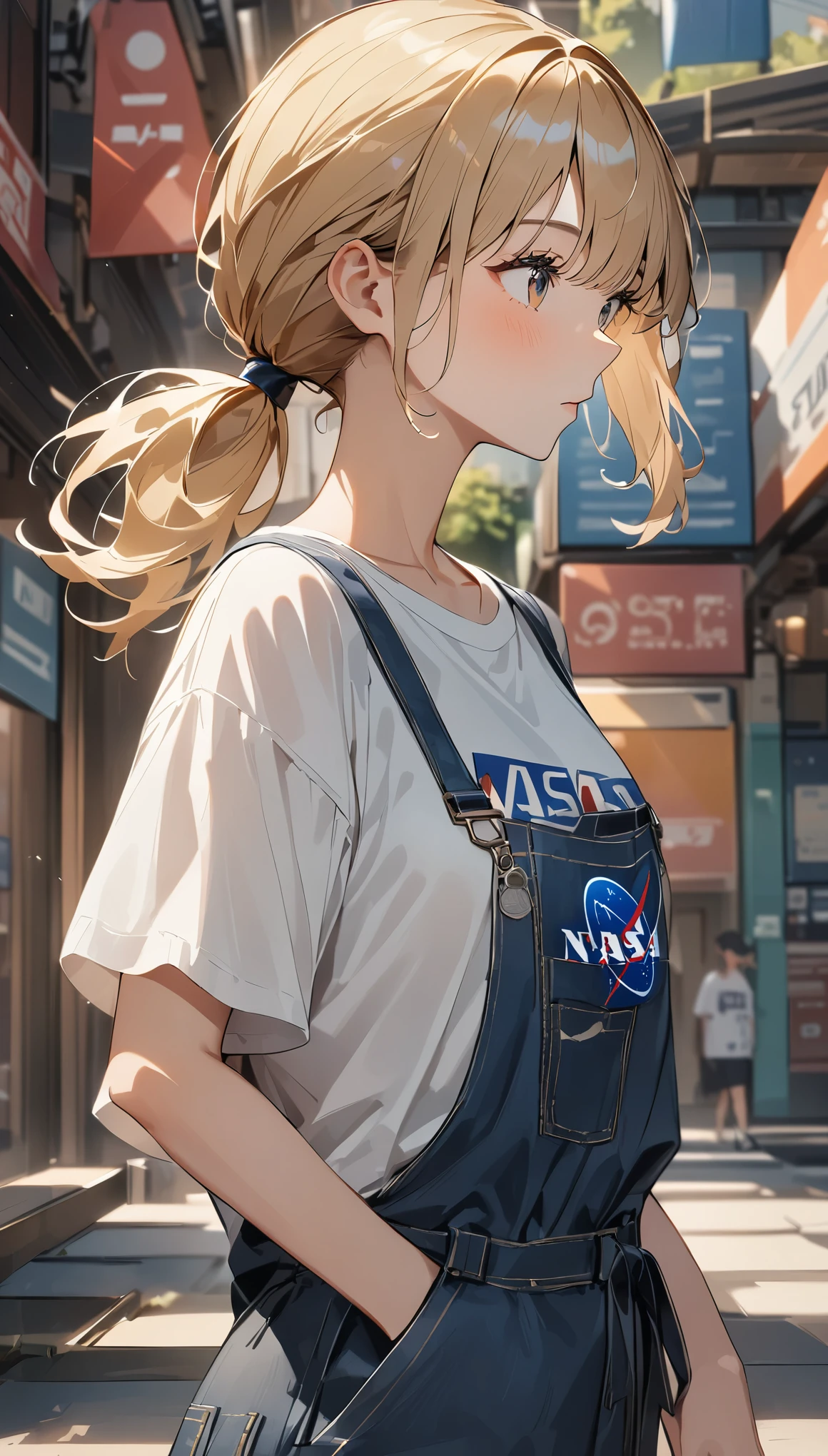 geometric pattern background:1.3、dark color、pretty girl、Blonde in a ponytail、hair blowing in the wind、look away、white baggyＴshirt、NASAの文字がプリントされたshirt、NASA loose clothing、overalls、retro、highest quality、super detailed、high quality details、outdoor