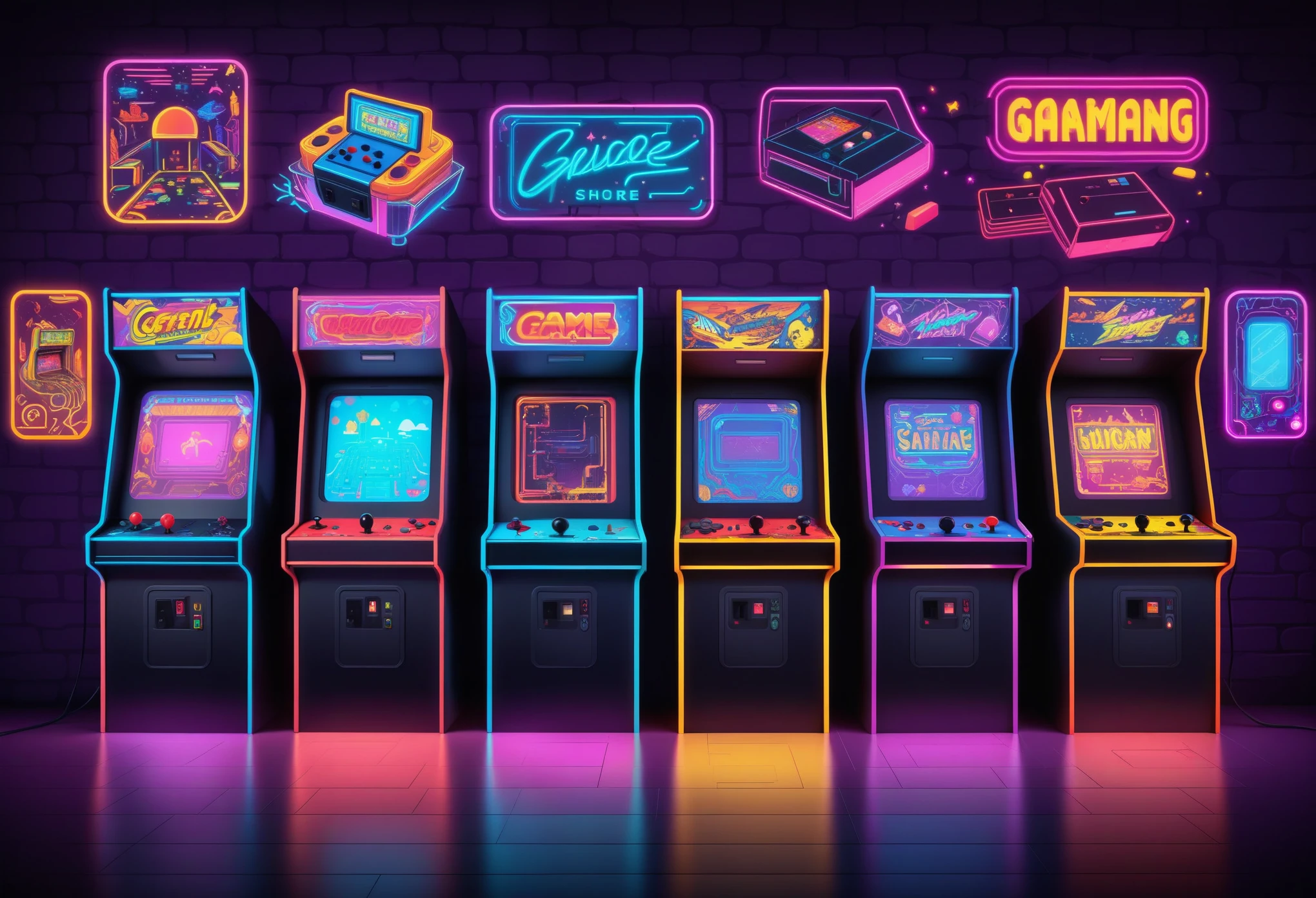 concept art A retro gaming arcade filled with vintage video game machines, portrayed in vibrant digital doodle style with neon colors and arcade cabinet lights, igniting a sense of nostalgia and excitement . digital artwork, vector, bright colors, bold outlines, illustrative, highly detailed 