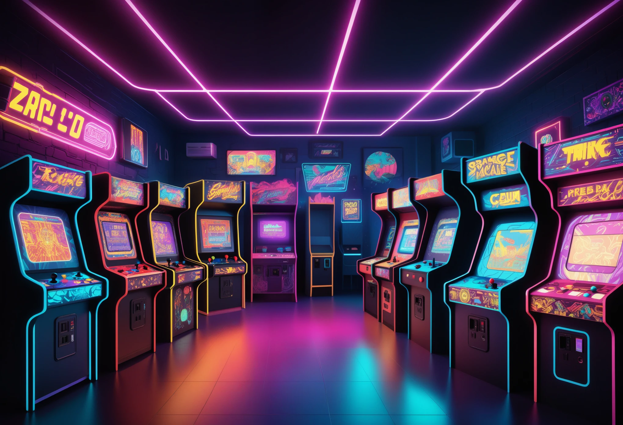 concept art A retro gaming arcade filled with vintage video game machines, portrayed in vibrant digital doodle style with neon colors and arcade cabinet lights, igniting a sense of nostalgia and excitement . digital artwork, vector, bright colors, bold outlines, illustrative, highly detailed 