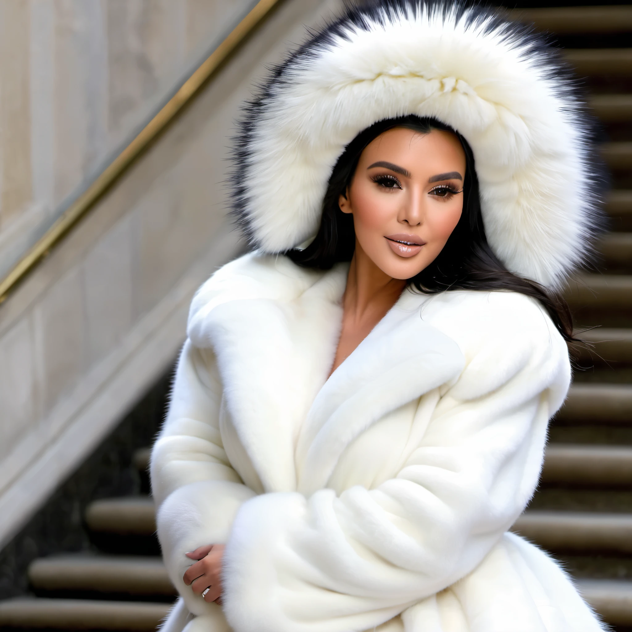 A close up of a woman in a white fur coat on a staircase - SeaArt AI