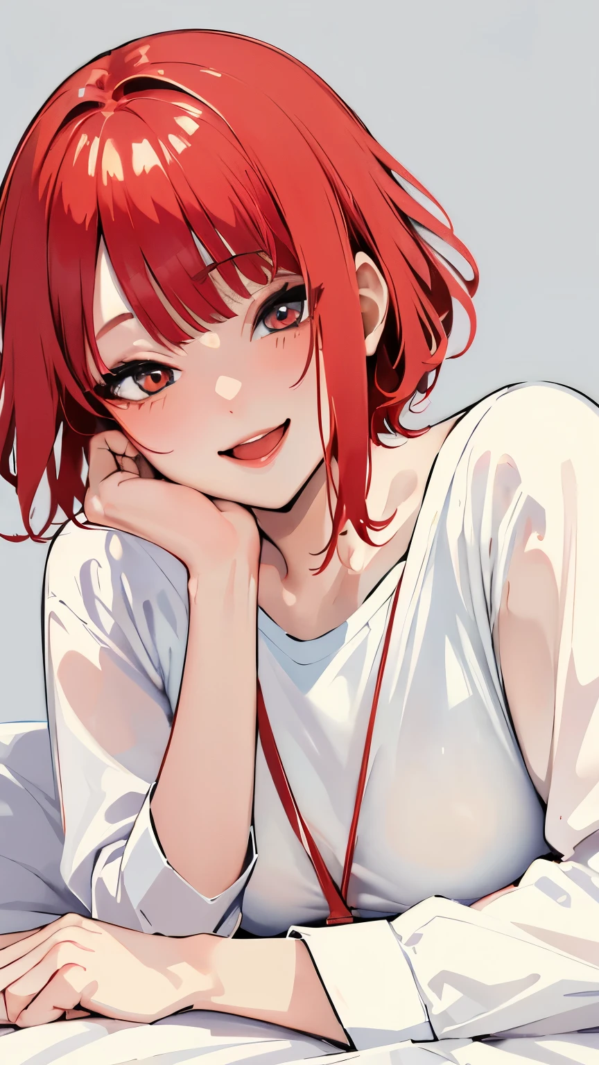 (highest quality, masterpiece:1.2), Super detailed, pisipuf, 1 girl, musical solo, Browse the viewer, shirt, charming smile, cheeks turn red, white canvas, White short-sleeved shirt, short hair, simple background, bangs, redhead, :D lying on the bed