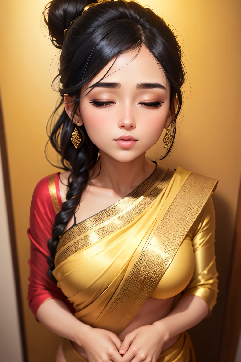 Sexy woman, black hair tied in a bun, smokey eyes, eyeliner, blushing intensely, fairest skin, plump face, soft lips, gold blouse, white saree with gold borders, pinned against a wall