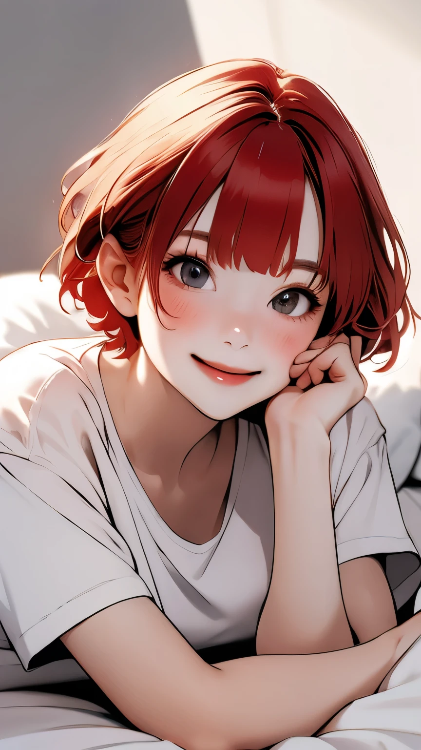 (highest quality, masterpiece:1.2), Super detailed, pisipuf, 1 girl, musical solo, Browse the viewer, shirt, charming smile, cheeks turn red, white canvas, White short-sleeved shirt, short hair, simple background, bangs, redhead, :D lying on the bed