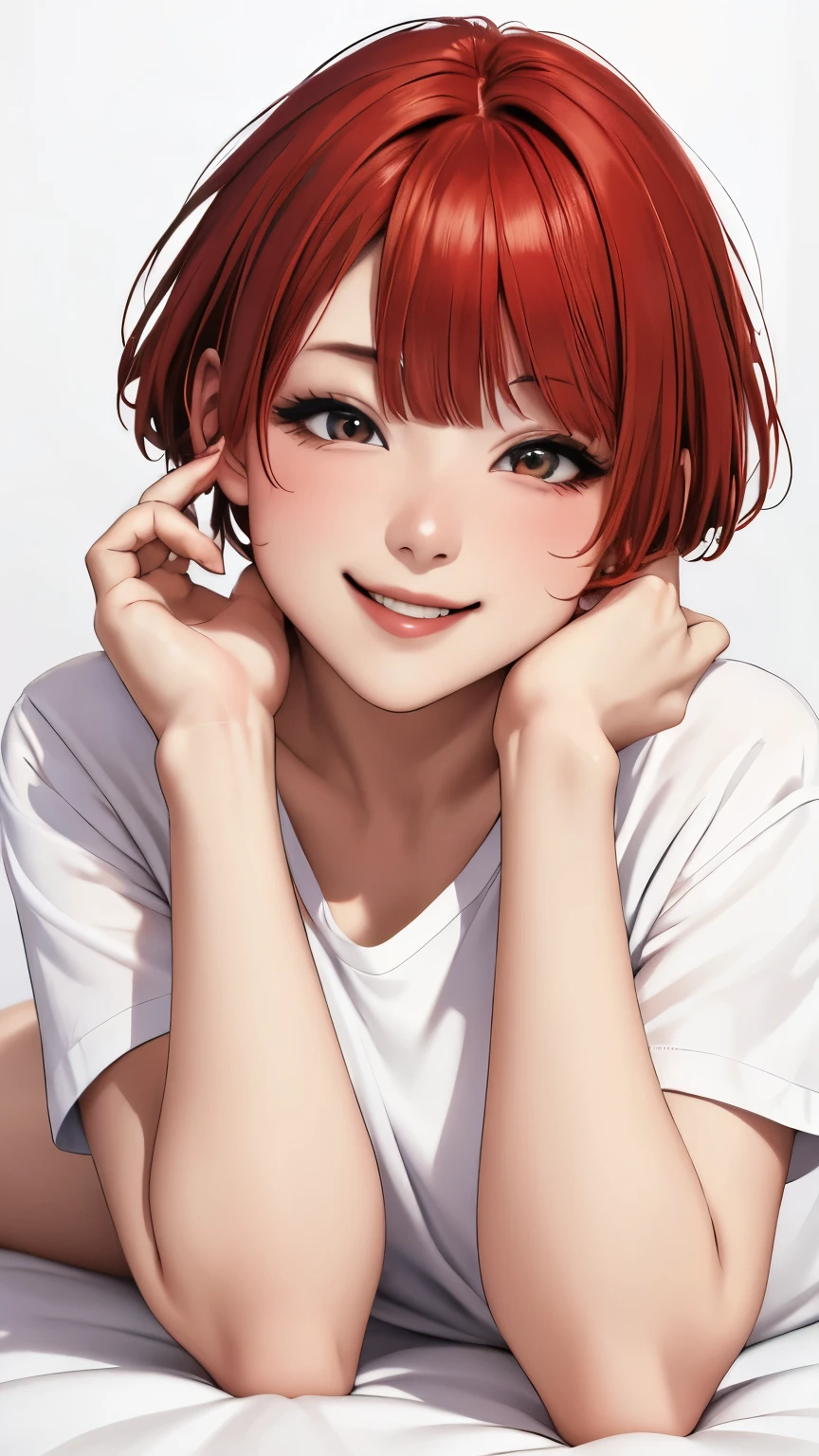 (highest quality, masterpiece:1.2), Super detailed, pisipuf, 1 girl, musical solo, Browse the viewer, shirt, charming smile, cheeks turn red, white canvas, White short-sleeved shirt, short hair, simple background, bangs, redhead, :D lying on the bed