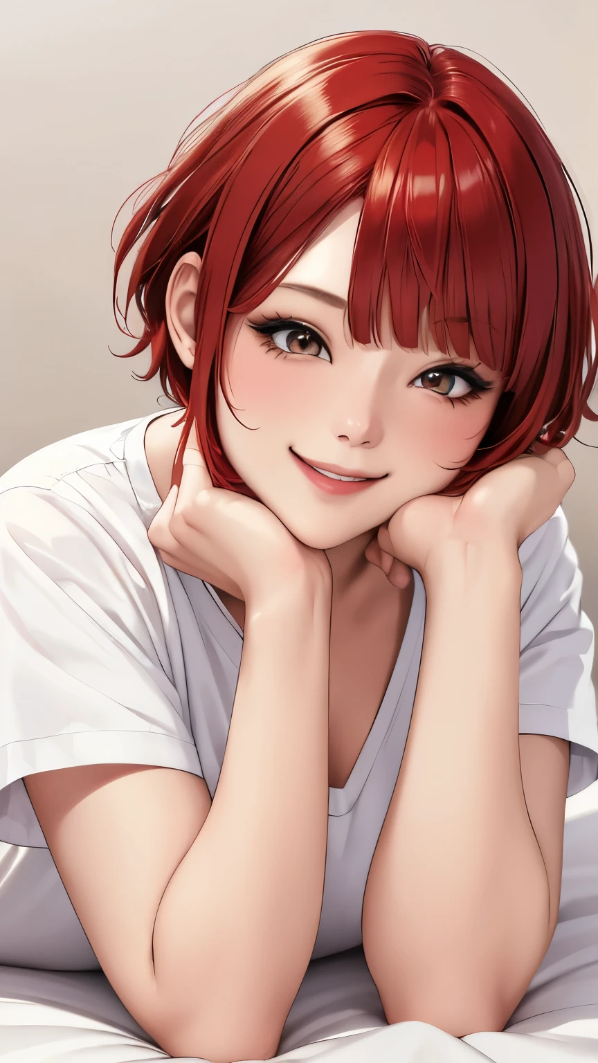 (highest quality, masterpiece:1.2), Super detailed, pisipuf, 1 girl, musical solo, Browse the viewer, shirt, charming smile, cheeks turn red, white canvas, White short-sleeved shirt, short hair, simple background, bangs, redhead, :D lying on the bed