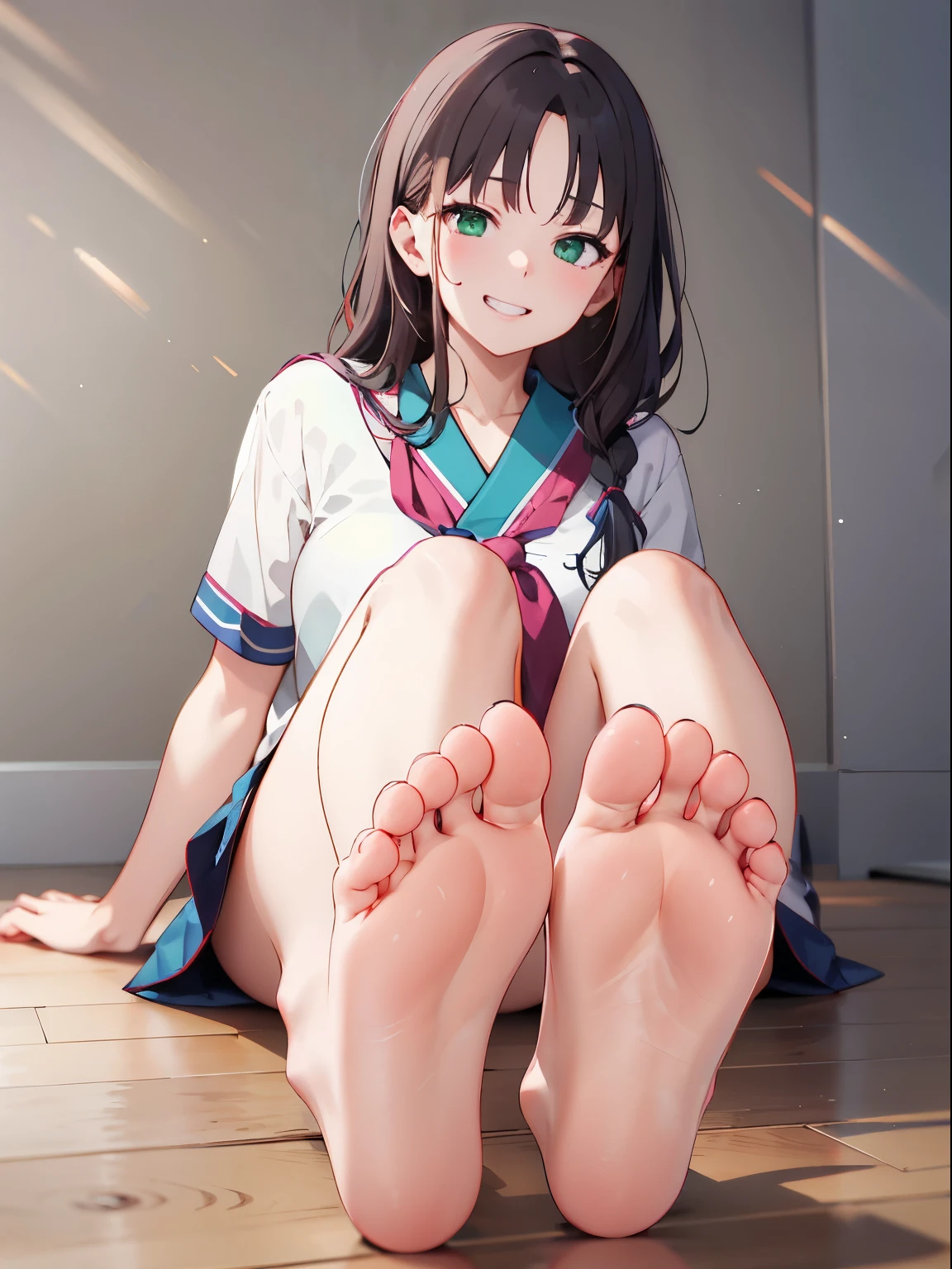 Anime girl sitting on the floor with her feet up - SeaArt AI