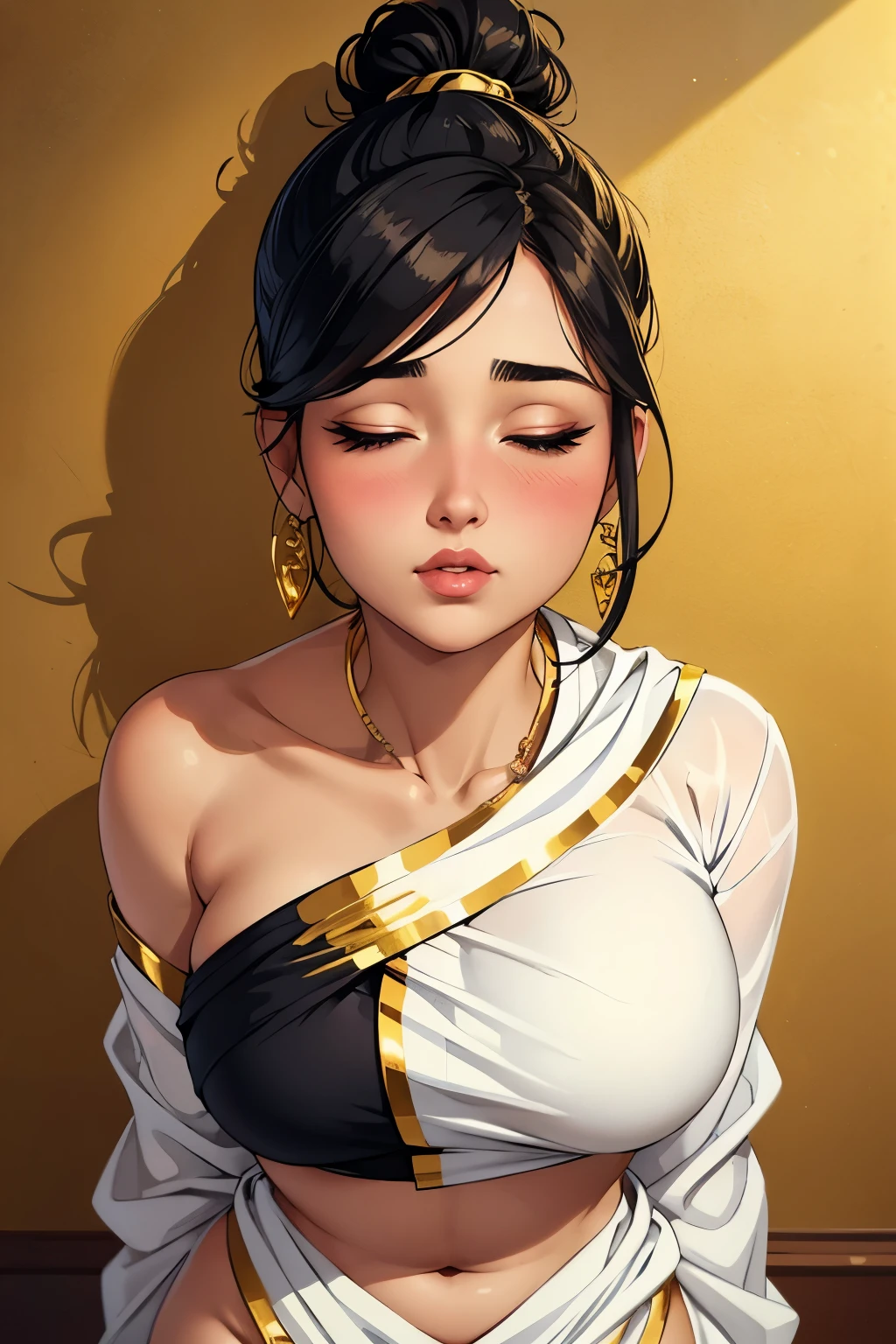 Sexy woman, black hair tied in a bun, smokey eyes, eyeliner, blushing intensely, fairest skin, plump face, soft lips, gold blouse, white saree with gold borders, pinned against a wall