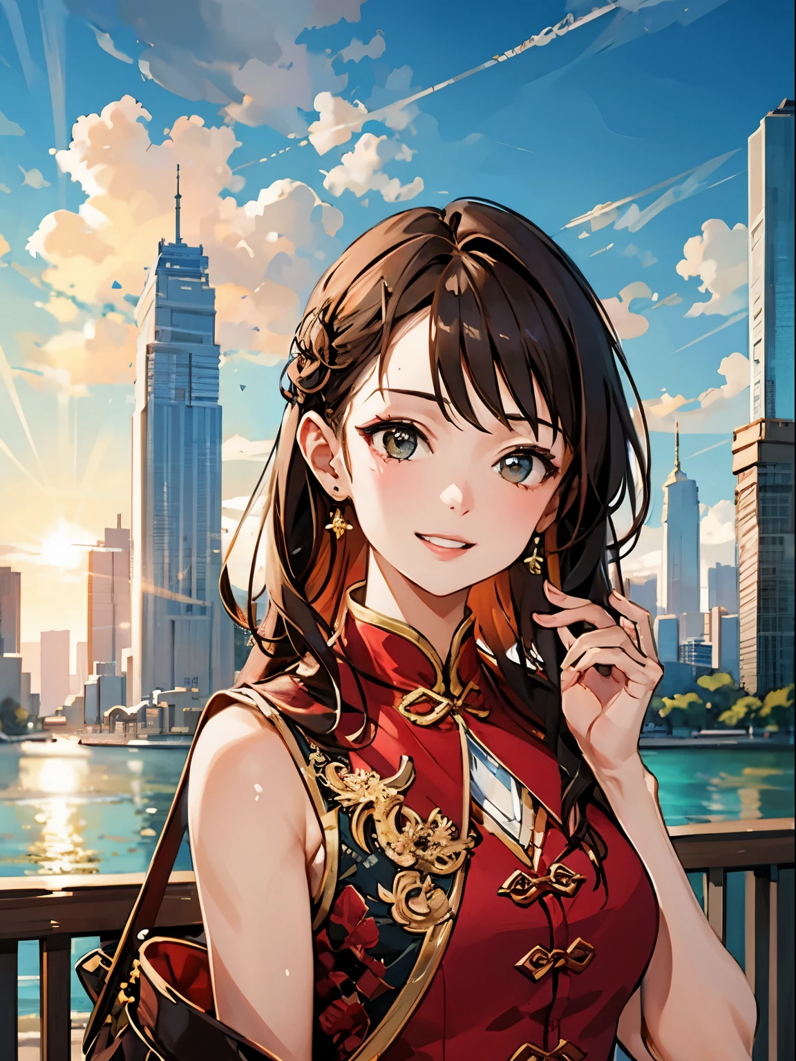 masterpiece, highest quality, High resolution, 1 girl, alone,   Sun Shangxiang, beach,building,Skyscraper,shiny skin, skin dents, smile, parted lips,