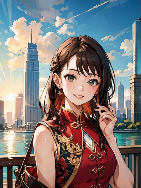 masterpiece, highest quality, high resolution, 1 girl, alone,   sun shangxiang, beach,building,skyscraper,shiny skin, skin dents...