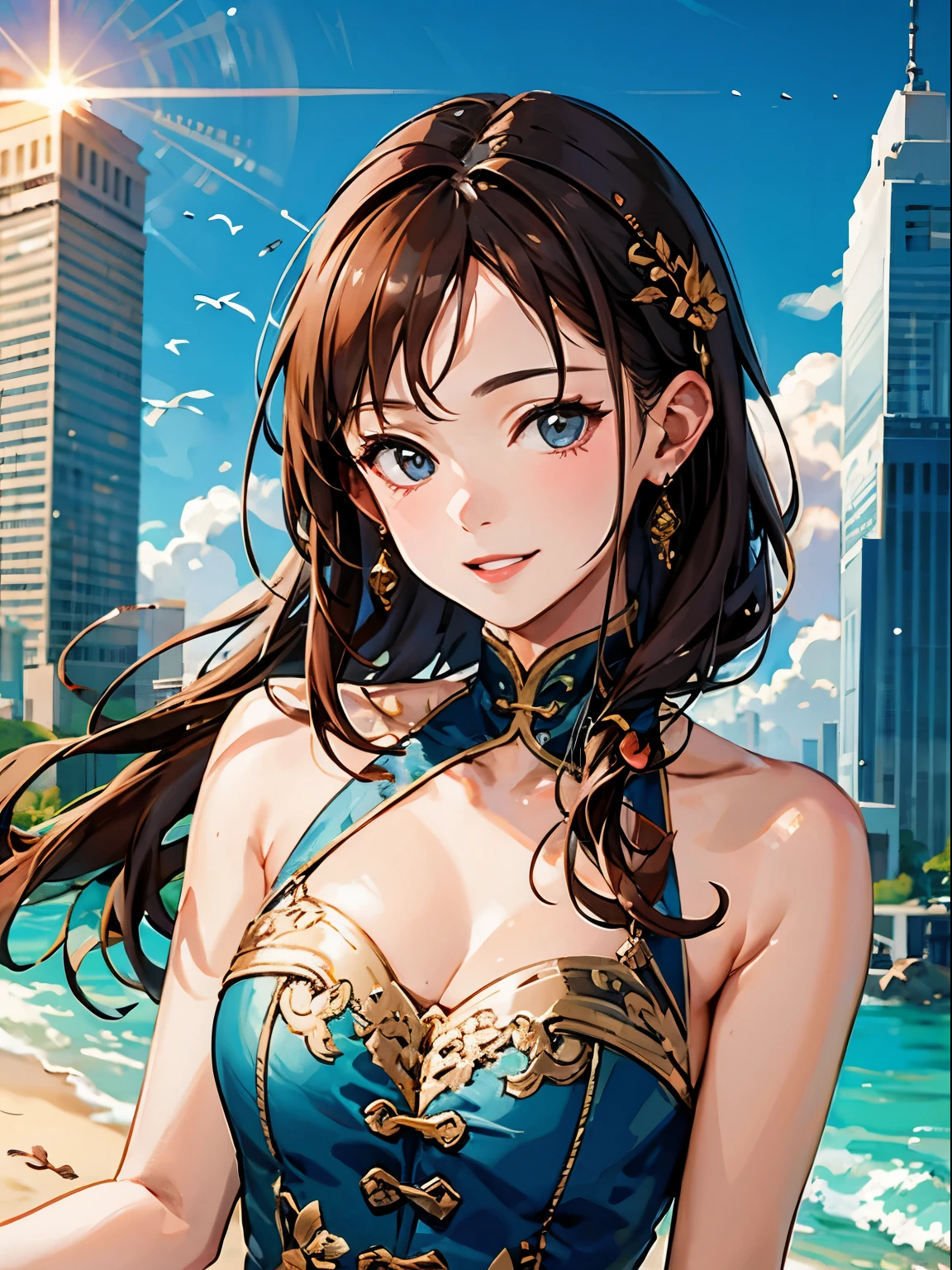 masterpiece, highest quality, High resolution, 1 girl, alone,   Sun Shangxiang, beach,building,Skyscraper,shiny skin, skin dents, smile, parted lips,