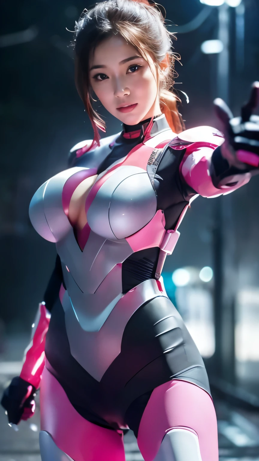 (highest quality、8K、32k、masterpiece、UHD:1.2、perfect body beauty:1.2、Wearing a futuristic hero protector with a pale pink and white shine.:1.5、rain、street、Cute 25 year old Japan woman、big and full breasts:1.5、ponytail、Upper body、front、simple background、looking at the viewer、dynamic pose:1.5