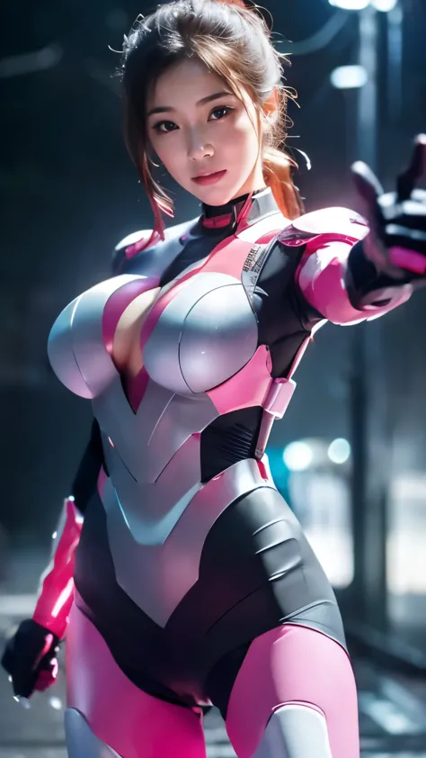 (highest quality、8K、32k、masterpiece、UHD:1.2、perfect body beauty:1.2、Wearing a futuristic hero protector with a pale pink and whi...