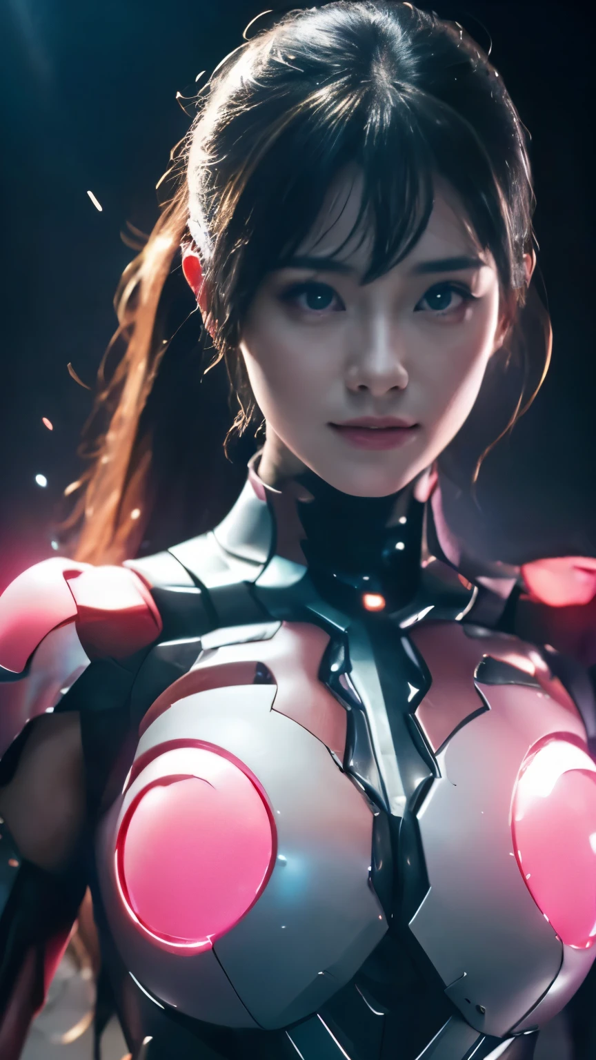 (highest quality、8K、32k、masterpiece、UHD:1.2、perfect body beauty:1.2、Wearing a futuristic hero suit with a pale pink and white shine:1.5、rain、street、Cute 25 year old Japan woman、big and full breasts:1.5、ponytail、Upper body、front、simple background、looking at the viewer、dynamic pose:1.5