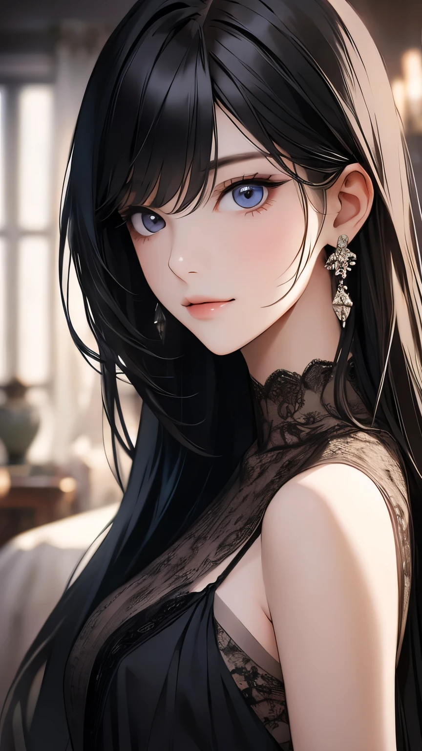 (surreal), (figure), (Improved resolution), (8K), (very detailed), (Best figure), (beautiful and detailed eyes), (highest quality), (super detailed), (masterpiece ), ( wallpaper), (detailed face), alone, 1 girl, looking at the viewer, small details, detailed face, in the dark, deep shadow, discreet key, Pure erotic face ace_V1, smile, long hair, black shawl straight hair , 46 point diagonal bangs