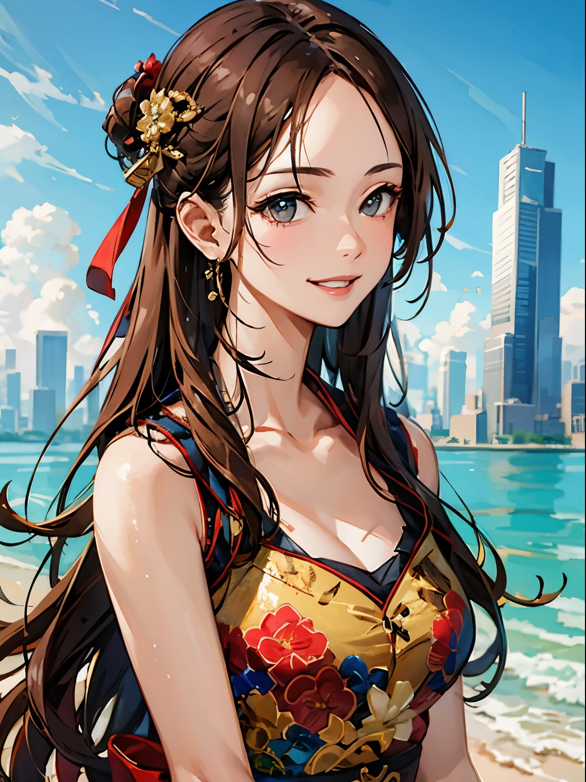 masterpiece, highest quality, High resolution, 1 girl, alone,   Sun Shangxiang, beach,building,Skyscraper,shiny skin, skin dents, smile, parted lips,