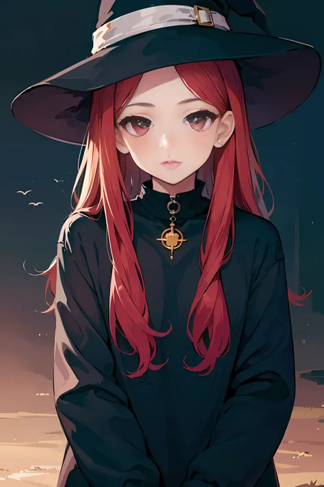 1 beautiful girl with long red hair , witch