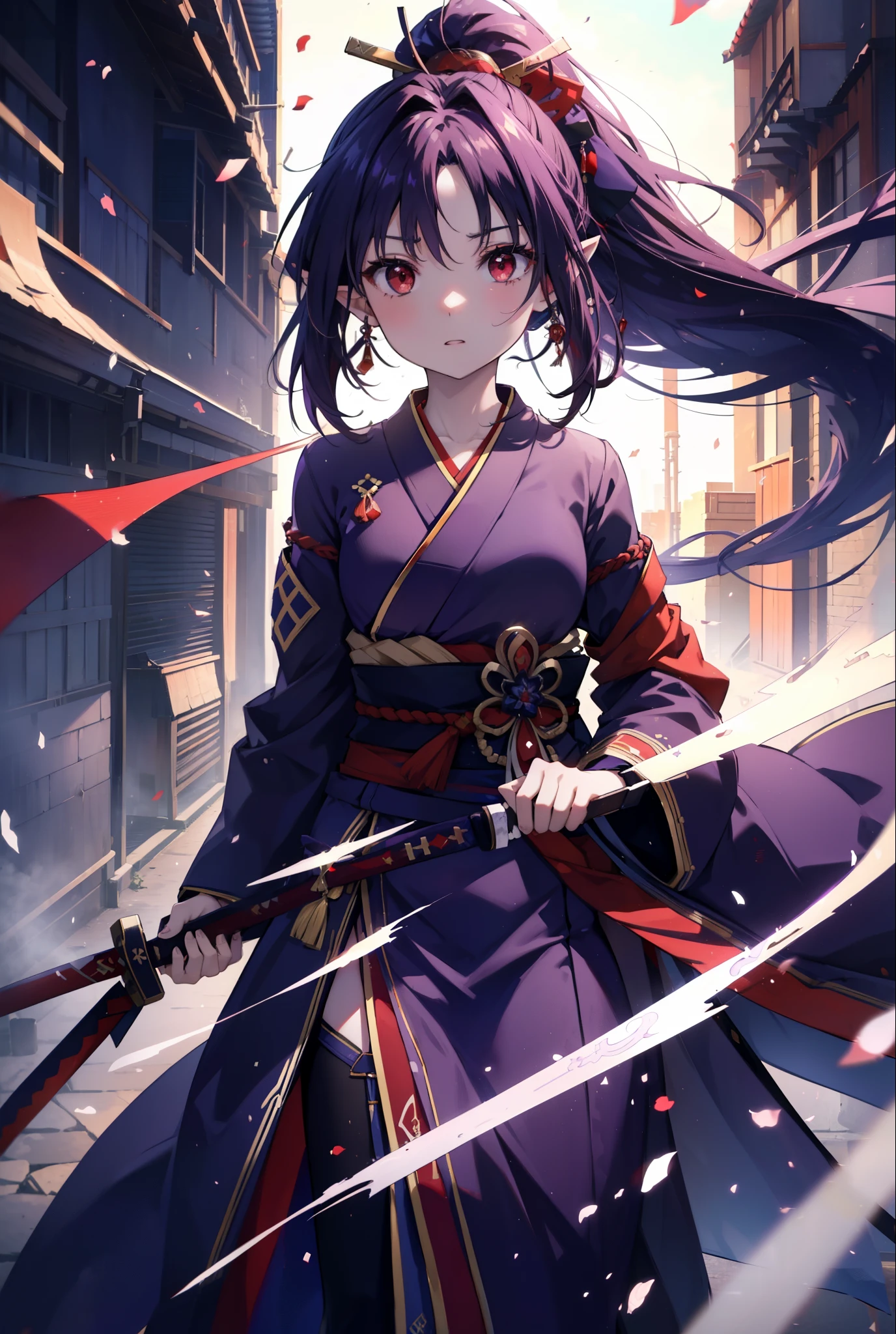 yuukikonno, Yuki Konno, hair band, long hair, pointy ears,ponytail, purple hair, (red eyes:1.5), (small breasts:1.2), open your mouth,purple kimono,red hakama,boots,Japan sword 1:1 Hold the grip in your hand,
break looking at viewer, Upper body, whole body,
break outdoors, medieval europe cityscape,
break (masterpiece:1.2), highest quality, High resolution, unity 8k wallpaper, (shape:0.8), (thin and beautiful eyes:1.6), highly detailed face, perfect lighting, Very detailed CG, (perfect hands, perfect anatomy),