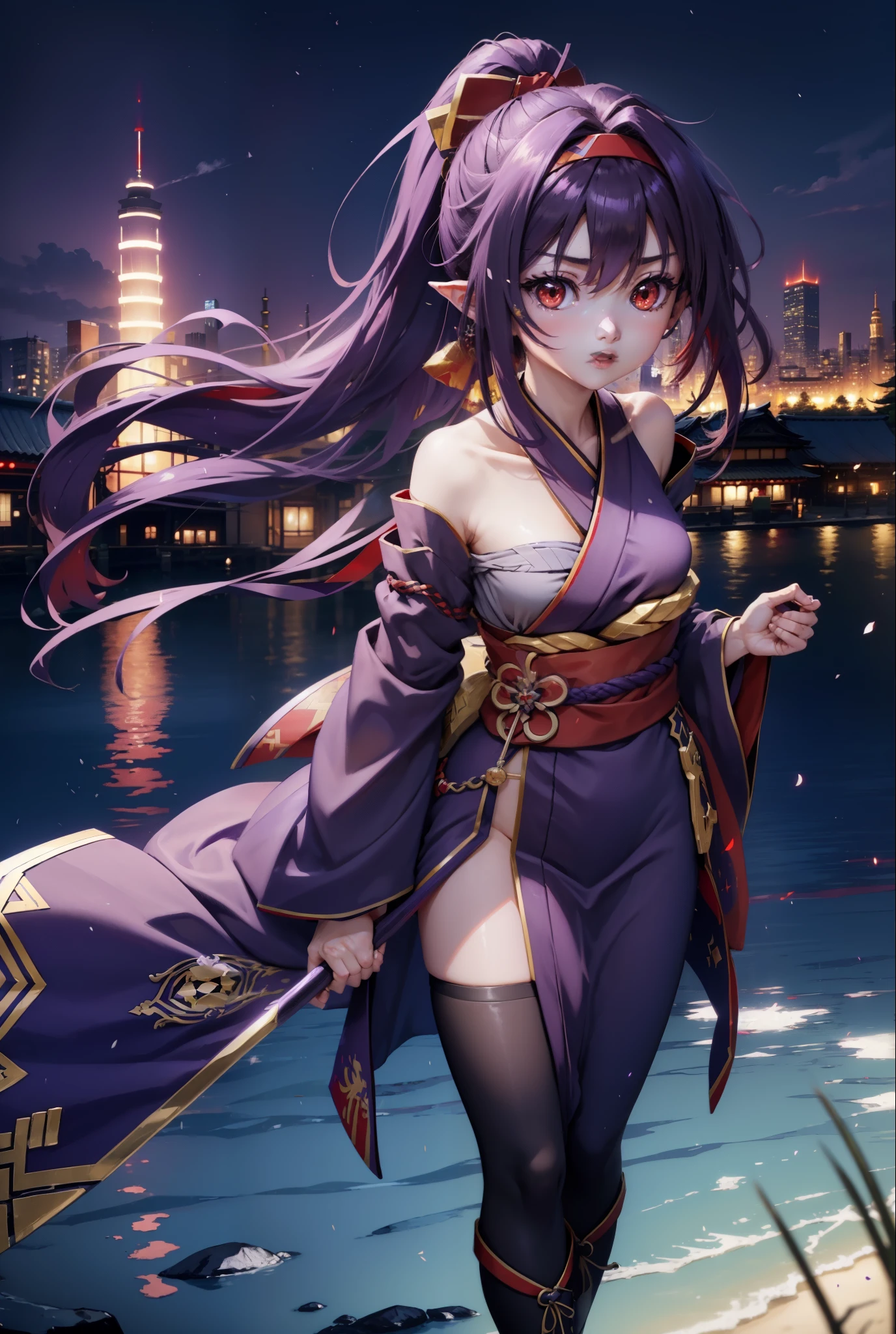 Yuukikonno, Yuki Konno, bandeau pour cheveux, cheveux longs, oreilles pointues,queue de cheval, cheveux violets, (les yeux rouges:1.5), (Petits seins:1.2), Ouvrez la bouche,kimono violet,rouge aussi,bottes,Épée du Japon 1:1 Tenez la poignée dans votre main,
casser looking at viewer, Haut du corps, tout le corps,
casser outdoors, paysage urbain de l&#39;Europe médiévale,
casser (chef-d&#39;œuvre:1.2), la plus haute qualité, haute résolution, unité 8k fond d&#39;écran, (forme:0.8), (yeux fins et beaux:1.6), Visage très détaillé, éclairage parfait, CG très détaillé, (des mains parfaites, Anatomie parfaite),