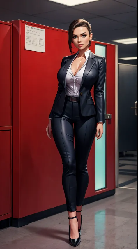 gorgeous woman, full body shot, assassin, office background, atompunk