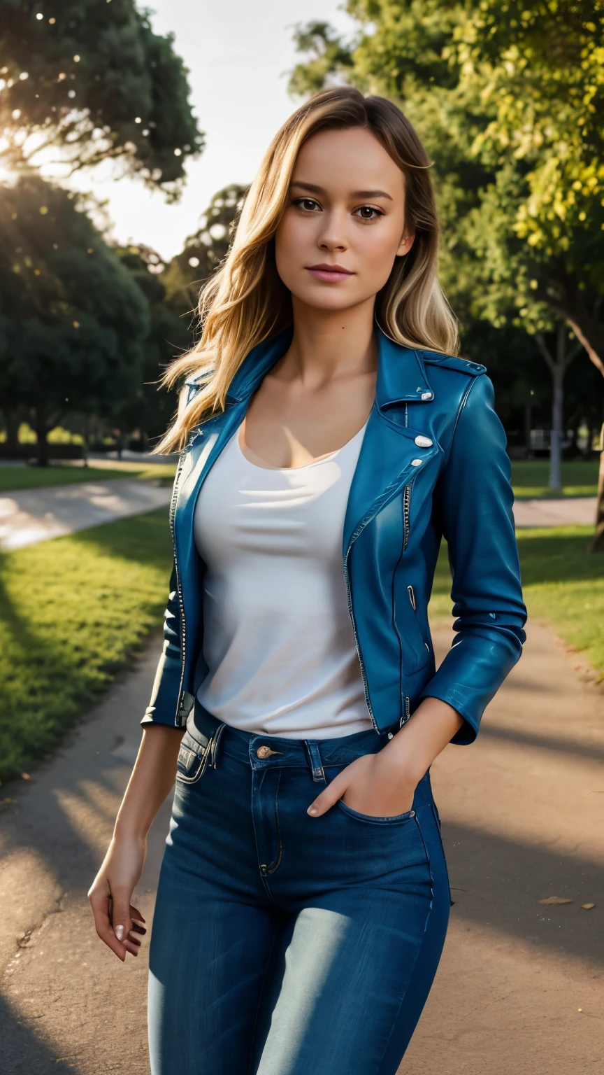 A woman in a blue jacket and jeans standing on a sidewalk - SeaArt AI