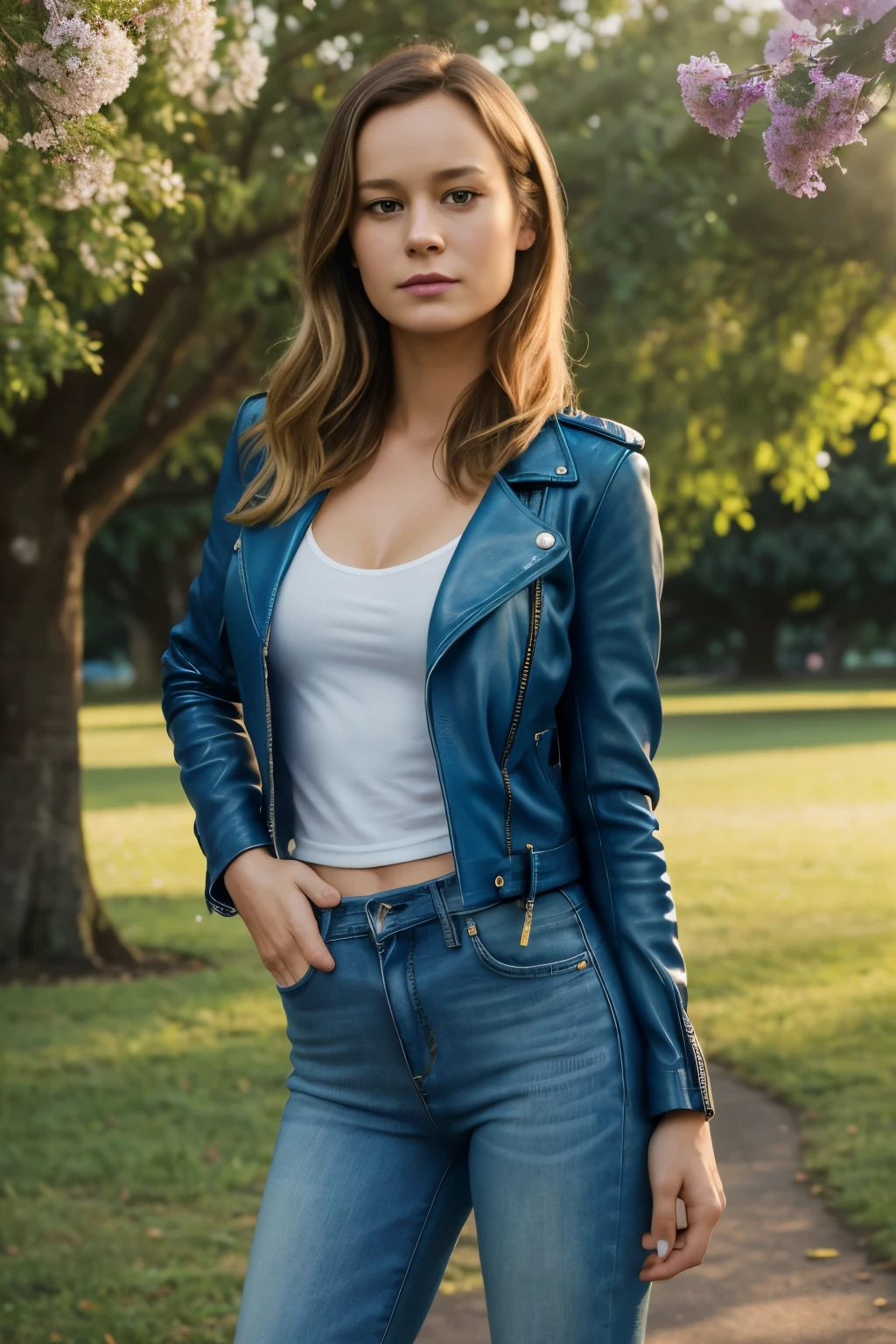 A woman in a blue leather jacket standing in a park - SeaArt AI