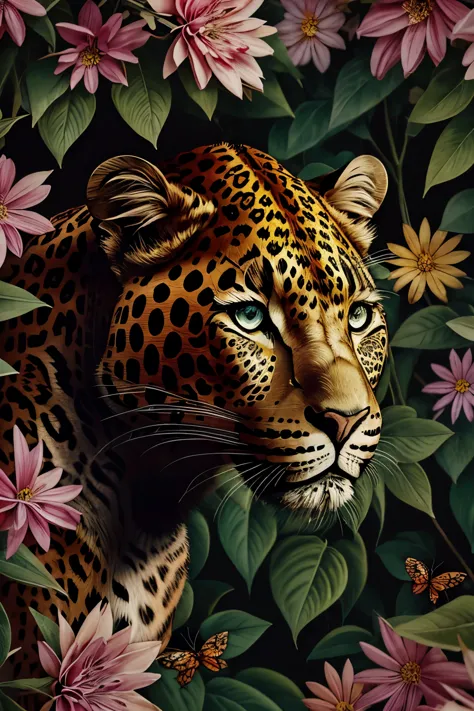 contemporary art collage, Leopard head, With flowers and leaves, some smart insects, painted, super detailed, full color, bright...