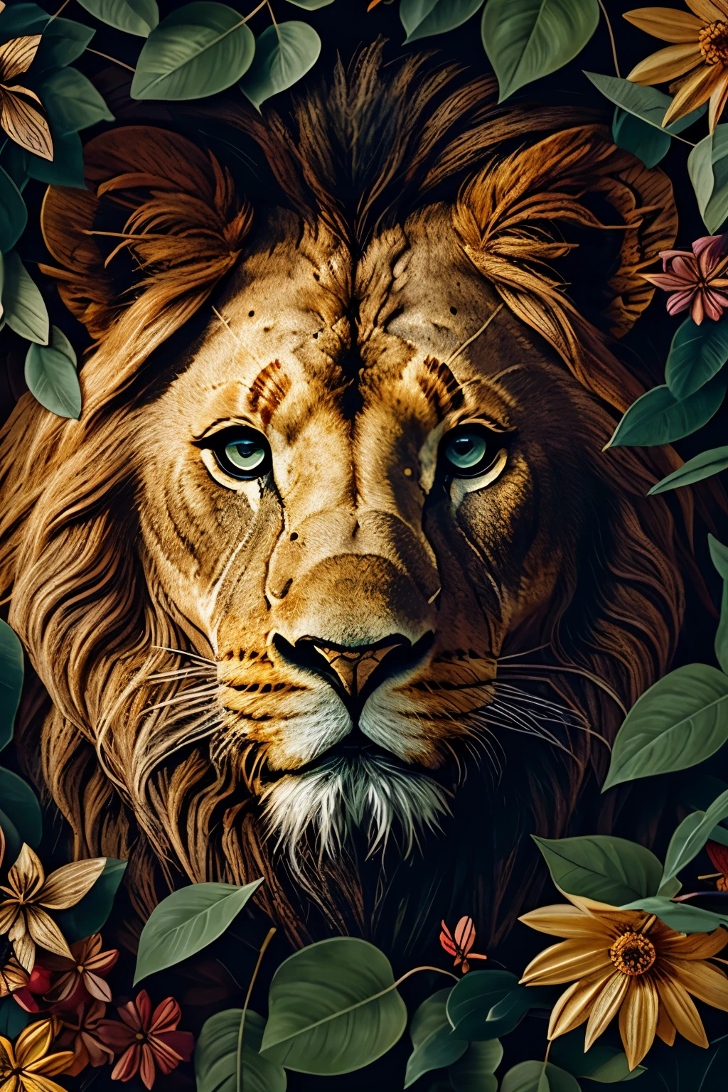 contemporary art collage, lion head,front，With flowers and leaves, some smart insects, painted, super detailed, full color, bright colors, 8K, actual