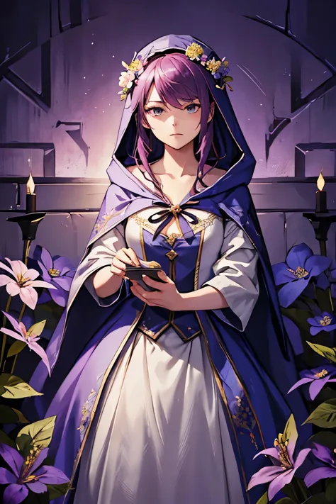 highest quality, a woman in a hat and dress with flowers on her head, young magician, the determined girl, hooded, moody lightin...