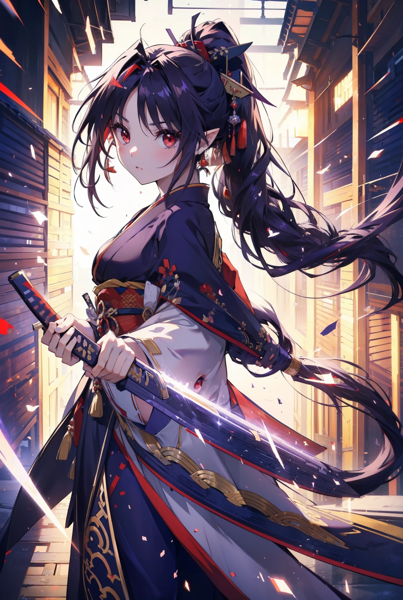 yuukikonno, Yuki Konno, hair band, long hair, pointy ears,ponytail, purple hair, (red eyes:1.5), (small breasts:1.2), open your mouth,purple kimono,red hakama,boots,Japanese sword 1:has a grip of 1,
break looking at viewer, Upper body,
break outdoors, medieval europe cityscape,
break (masterpiece:1.2), highest quality, High resolution, unity 8k wallpaper, (shape:0.8), (thin and beautiful eyes:1.6), highly detailed face, perfect lighting, Very detailed CG, (perfect hands, perfect anatomy),