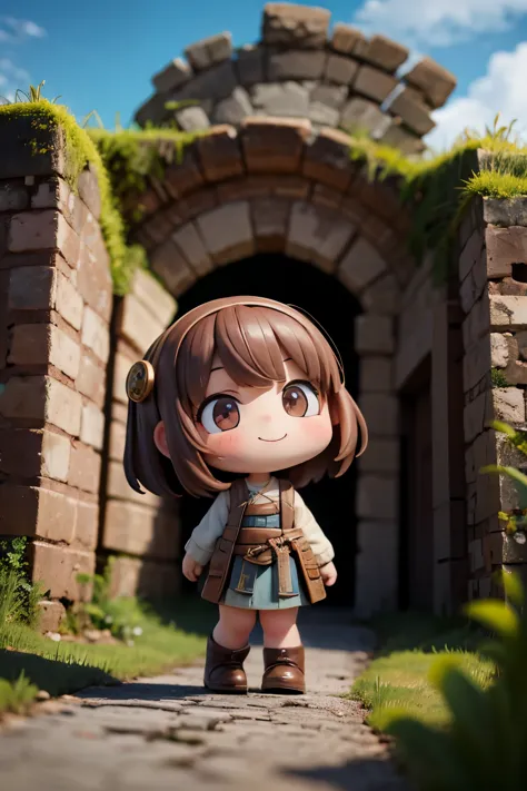 Photoreal、Chibi girl taking a commemorative photo at an ancient ruin in South America、smile