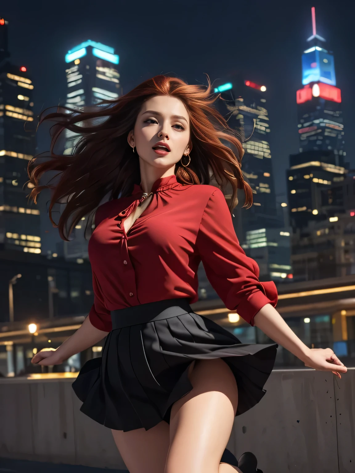 (clear, high-definition image, eyes realistic sizing, drooping eyes), (masturbating), (((intense orgasm face))), ((showing off her pubic)), ((jumping casual blouse and skirt)), night downtown area, dark red hair, ((eccentric posing)), skyscrapers, windy,