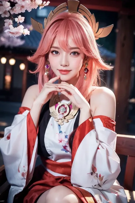 kpop idol, yae miko, detached sleeves, bare shoulders, pink hair, long hair, japanese clothes, best quality, (painting:1.5), (ha...