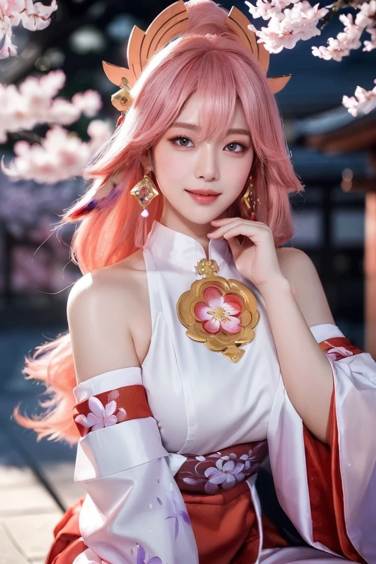 nsfw,full body,kpop idol, yae miko, detached sleeves, bare shoulders, pink hair, long hair, japanese clothes, best quality, (painting:1.5), (hair ornament:1.35), jewelry, purple eyes, earrings, breasts, torii, cherry blossoms, lantern light, depth of field face focus, ribbon_trim, (looking at viewer:1.25), nontraditional miko, shiny skin, long sleeves, smile, thick lips, hands on lips, east asian architecture, (blurry background:1.2), sitting, upper body,((ultra high res, 8k, RAW photo, best quality, masterpiece:1.47746,realistic:1.4, photo-realistic:1.4,cinematic lighting:1,intricate details:1,raw photo:1))(((ultra-detailed:1.47746))),professional lighting,((physically-based rendering:1)), ((ruddy skin:1,sweat))lens flare,ray tracing ,(extremely detailed face, beautiful detailed eyes,expressive hair:1.5,shiny hair;1)cinematic lighting,(vivid expression) (body muscle:1) solo(1girl:1.5)((smiling:1),(plump figure:1,blance body:1)(realistic hand,realistic clothes)