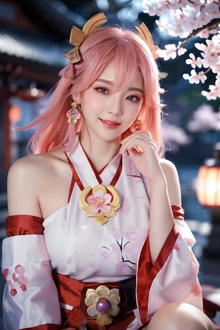 nsfw,full body,kpop idol, yae miko, detached sleeves, bare shoulders, pink hair, long hair, japanese clothes, best quality, (painting:1.5), (hair ornament:1.35), jewelry, purple eyes, earrings, breasts, torii, cherry blossoms, lantern light, depth of field face focus, ribbon_trim, (looking at viewer:1.25), nontraditional miko, shiny skin, long sleeves, smile, thick lips, hands on lips, east asian architecture, (blurry background:1.2), sitting, upper body,((ultra high res, 8k, RAW photo, best quality, masterpiece:1.47746,realistic:1.4, photo-realistic:1.4,cinematic lighting:1,intricate details:1,raw photo:1))(((ultra-detailed:1.47746))),professional lighting,((physically-based rendering:1)), ((ruddy skin:1,sweat))lens flare,ray tracing ,(extremely detailed face, beautiful detailed eyes,expressive hair:1.5,shiny hair;1)cinematic lighting,(vivid expression) (body muscle:1) solo(1girl:1.5)((smiling:1),(plump figure:1,blance body:1)(realistic hand,realistic clothes)