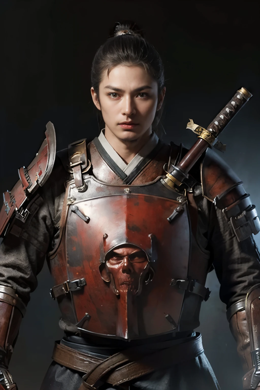 (8K, highest quality, masterpiece:1.2), (realistic:1.4), Raw photo, highest quality, ultra high resolution, best shadow, (full body:1), old soldier, Japanese armor, pocket, samurai sword, large scale amazing environment, horror, dark horror, highly detailed facial features, beautiful and perfect face, perfect eyes