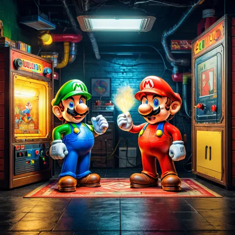 (mario and luigi poster),(vintage:1.1),(retro:0.9),(80s gaming),(nostalgic),(pixel art),(detailed characters),(vibrant colors),(...