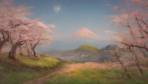 wood々Close-up of a field with mountains and hills in the background, dreamy landscape, cherry blossomsの森, Lose yourself in a dre...