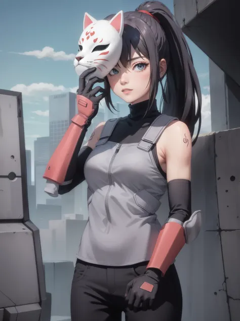 perfect eyes:1.2, detailed eyes:1.4, black hair, ponytail, very long hair, mask on hand, covering face, cat mask, grey armor:1.2...