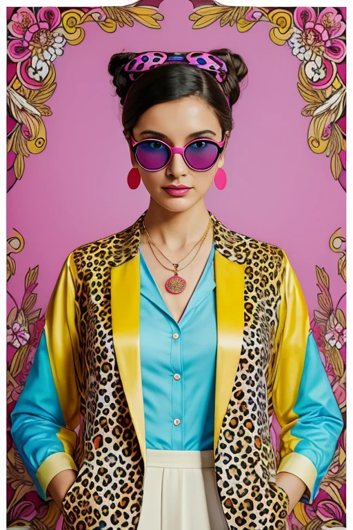 a watercolor draw of an elegant leopard wearing a colorful floral jacket with yellow background, double-breasted and wide lapels, a fly pendant necklace, a narrow striped shirt in white and sky blue, fuchsia pink maxi round glasses, a pop art painting by Annabel Kidston, behance contest winner, naive art, maximalist, fauvism, pop art