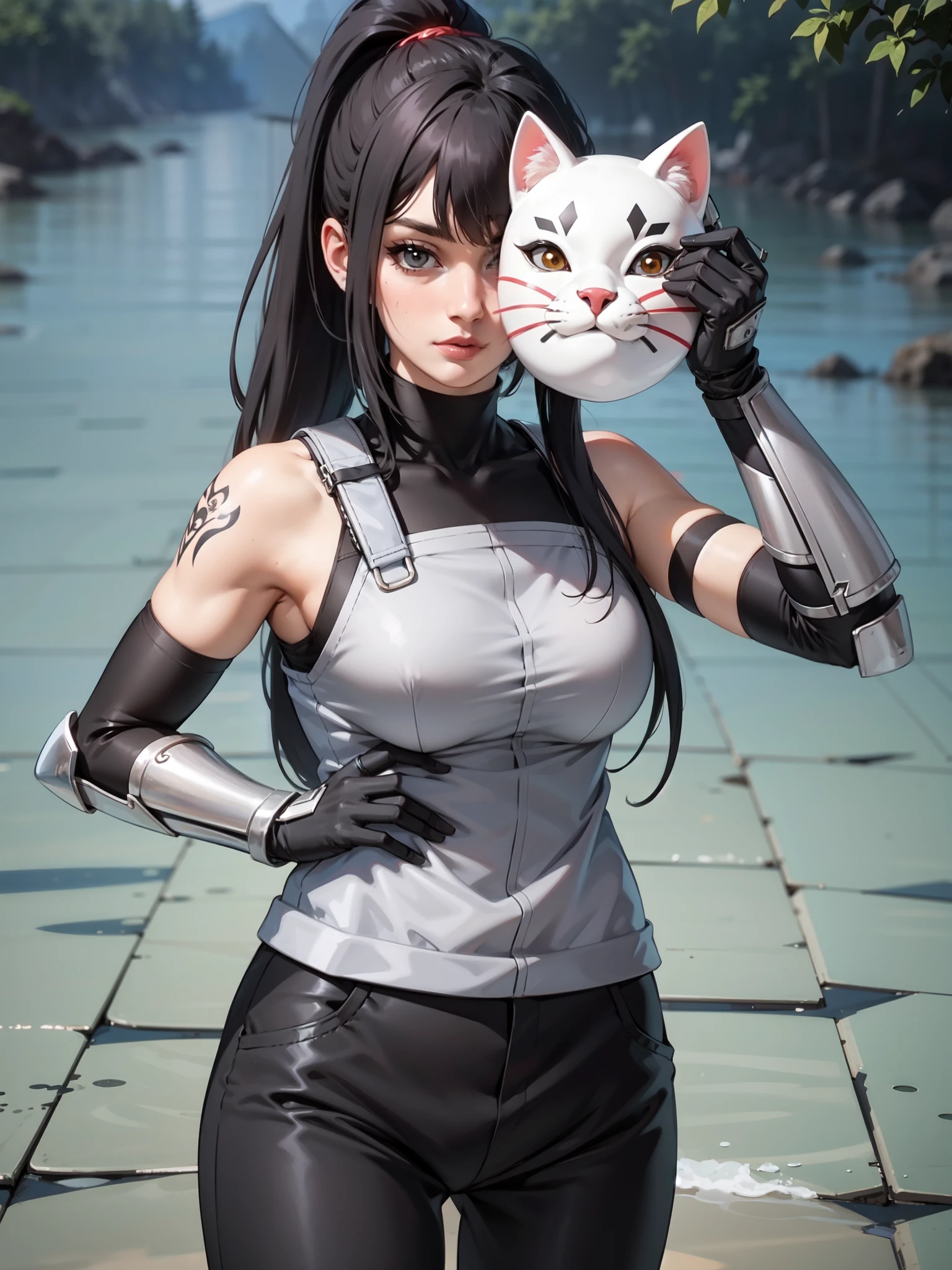 perfect eyes:1.2, detailed eyes:1.4, black hair, ponytail, very long hair, mask on hand, covering face, cat mask, grey armor:1.2, grey arm guards, black elbow gloves, black shirt, sleeveless, turtleneck, black pants, red arm tattoo, 1girl, solo, (masterpiece:1.6, best quality),