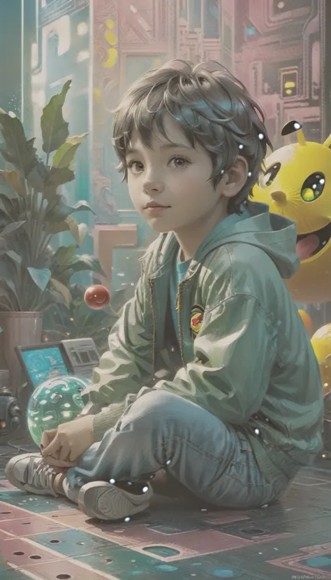 ((masterpiece: 1.5, far shot: 1.5)). (retro boy sitting in his room playing Pac Man atari console: 1.6), (the shot has to be far...