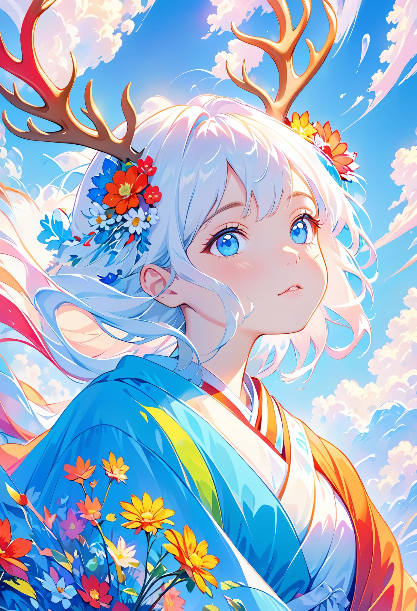 (psychedelic art:1.5), (view from below:1.2),girl，personification，big color block，white，blue, Upper body, eyes closed,deer ,There are flowers,